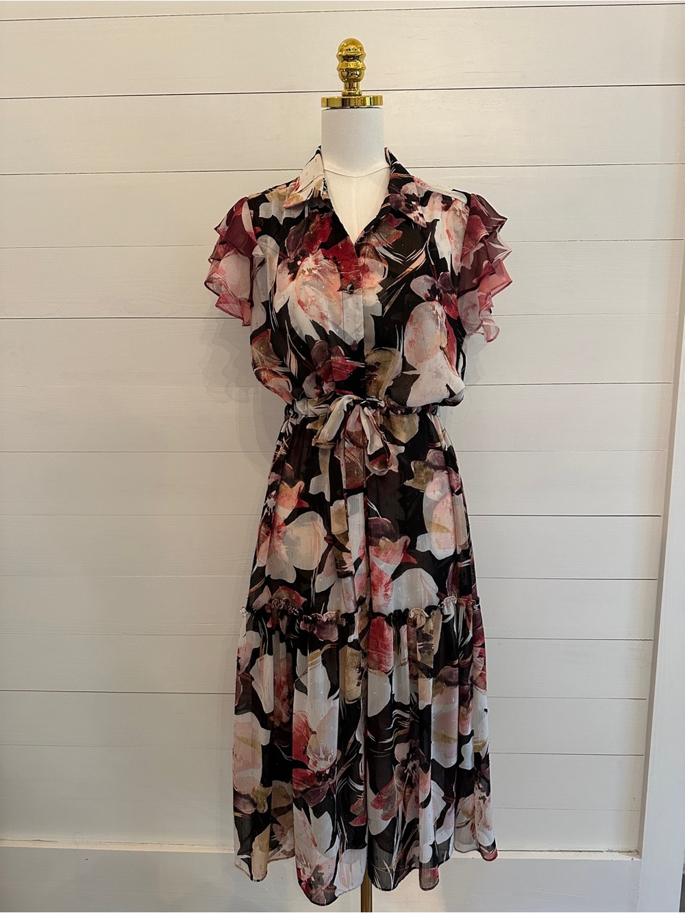 Misa Los Angeles Floral Ruffle Sleeve Tie-Waist Midi Dress - Black & Blush